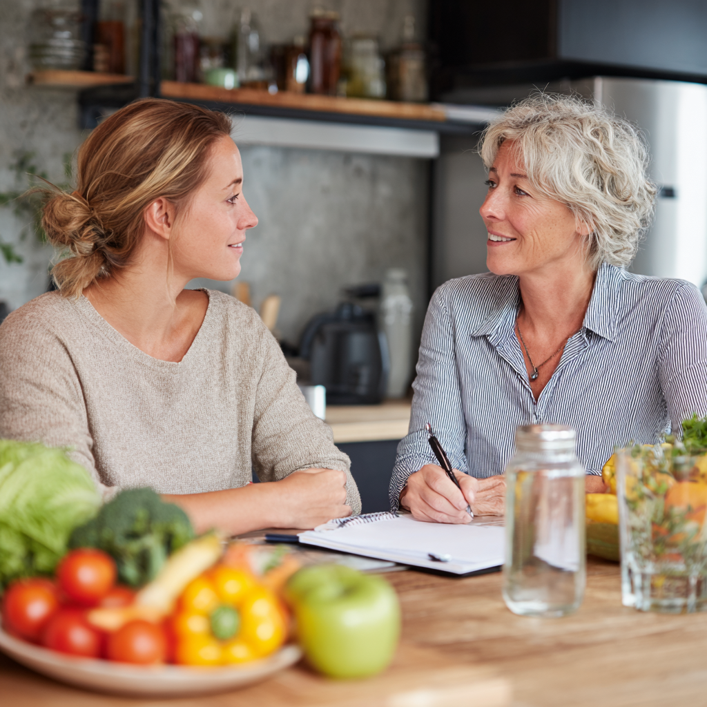 Middle-aged nutritionist consulting with mature adult client about personalized meal planning